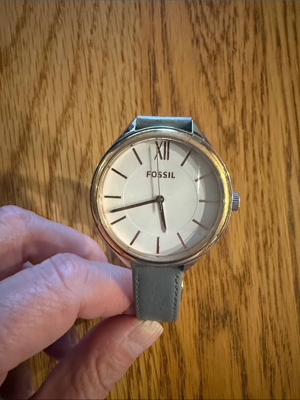Fossil Silver Case Watch with Gray Leather Strap and White Dial